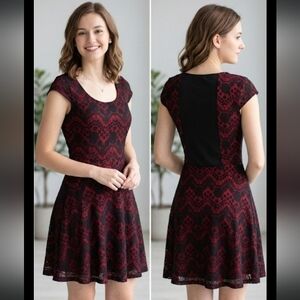 Candie's Red and Black Lace Fit & Flare Mini Dress 17 inch p2p